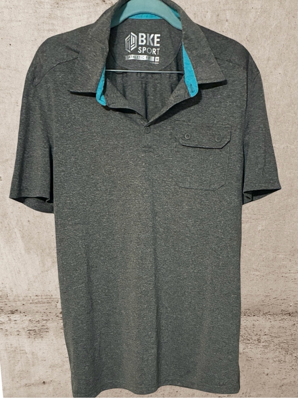 BKE Sport Men's Athletic Fit Performance Polo Shirt Gray Turquoise Medium